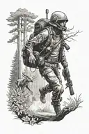 man walking in the woods getting kidnapped by aliens, high visual, realistic, shades. black and white. tattoo design idea