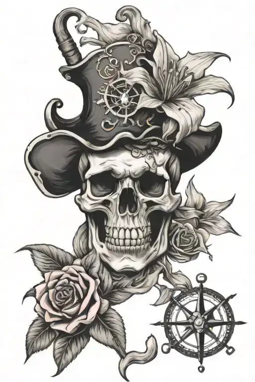 pirate skull, cigar, stargazer lily, pink rose, compass, panther. tattoo design idea