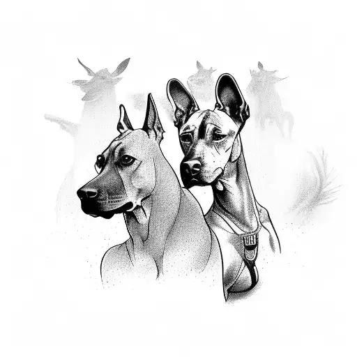 A Rhodesian Ridgeback dog playing with a group of horses tattoo design idea