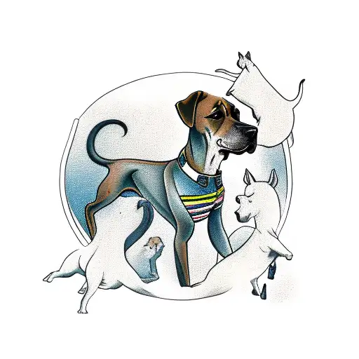 A Rhodesian Ridgeback dog playing with a group of horses tattoo design idea