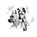 A Rhodesian Ridgeback dog playing with a group of horses tattoo design idea