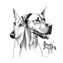 A Rhodesian Ridgeback dog playing with a group of horses tattoo design idea