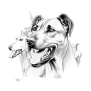 A Rhodesian Ridgeback dog playing with a group of horses tattoo design idea