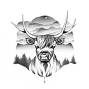 pine trees and highland cow tattoo design idea