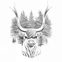 pine trees and highland cow tattoo design idea