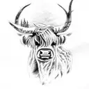 pine trees and highland cow tattoo design idea