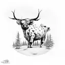 pine trees and highland cow tattoo design idea