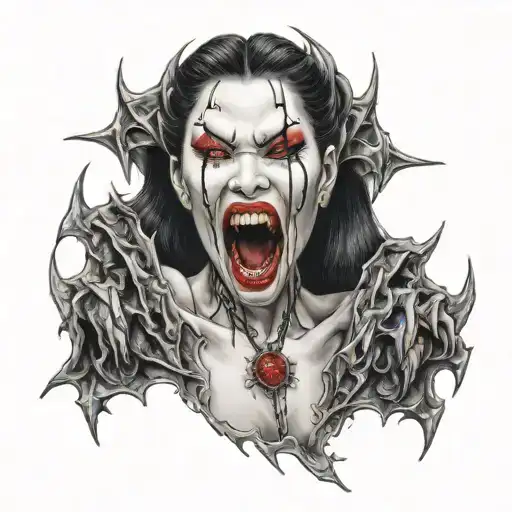 Japanese vampire woman face with teeth claws tattoo design idea