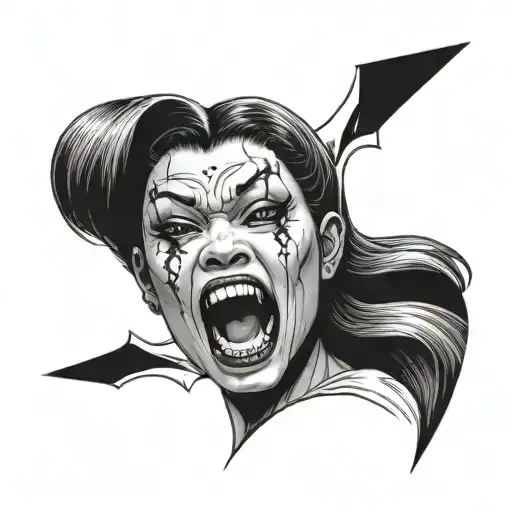 Preety japanese vampire woman face with teeth claws sticking tattoo design idea