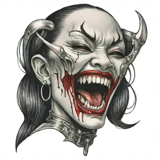Preety japanese vampire woman face with teeth claws sticking tattoo design idea