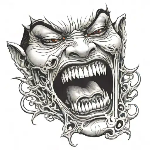 Preety japanese vampire woman face with teeth claws sticking tattoo design idea