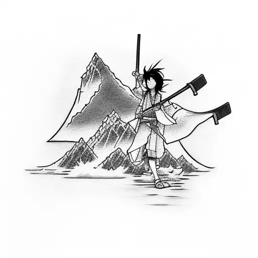Vagabond manga tattoo idea about redemption and happiness including a leaf, two katana and mountain  tattoo design idea