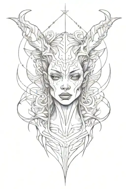 torso up demon girl with upside down cross craved into her forehead tattoo design idea