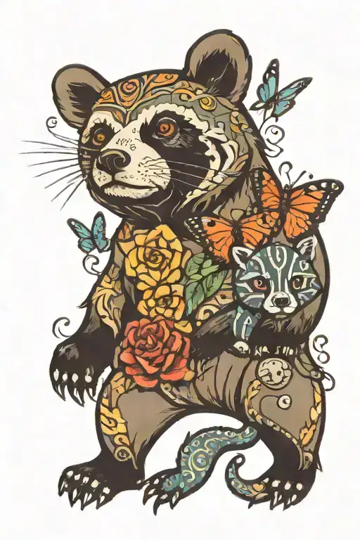 a bear, raccoon, alpaca, butterfly, bull and lizard  tattoo design idea