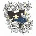 leather work texas themed tattoo with blue bonnet, yellow rose, mockingbird, armadillo,  redfish, and texas flag tattoo design idea