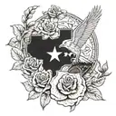 leather work texas themed tattoo with blue bonnet, yellow rose, mockingbird, armadillo,  redfish, and texas flag tattoo design idea