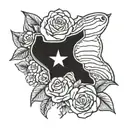 leather work texas themed tattoo with blue bonnet, yellow rose, mockingbird, armadillo,  redfish, and texas flag tattoo design idea