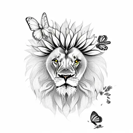 Lion with butterfly and sunflowers  tattoo design idea