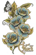 fine line march birthflower incorporating handlettered word in place of stem tattoo design idea