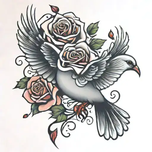 rose heart dove flys away tattoo design idea
