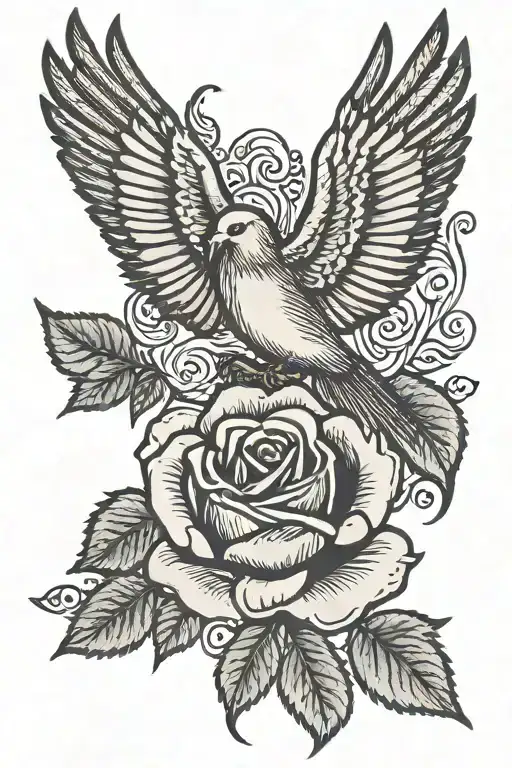 heart rose dove flys away tattoo design idea