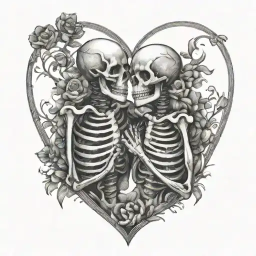 skeletons hugging in shape of heart tattoo design idea