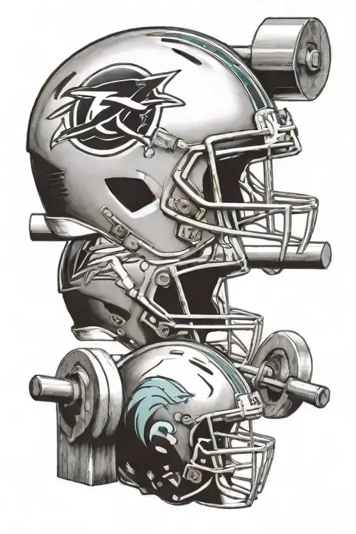 A weightlifting barbell with Florida state football helmet on one end and Miami dolphins football helmet on the other end tattoo design idea