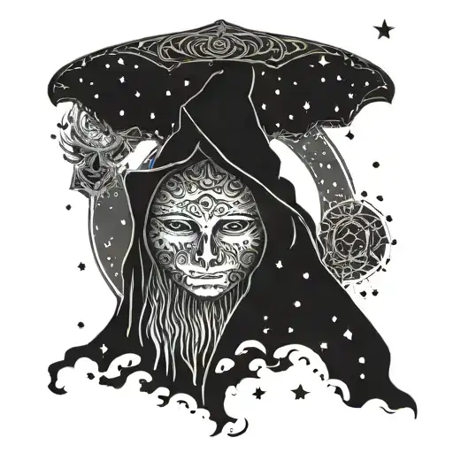 dark cloak floating and inside the cloak stars and sunrise  tattoo design idea