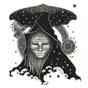 dark cloak floating and inside the cloak stars and sunrise  tattoo design idea