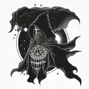 dark cloak floating and inside the cloak stars and sunrise  tattoo design idea