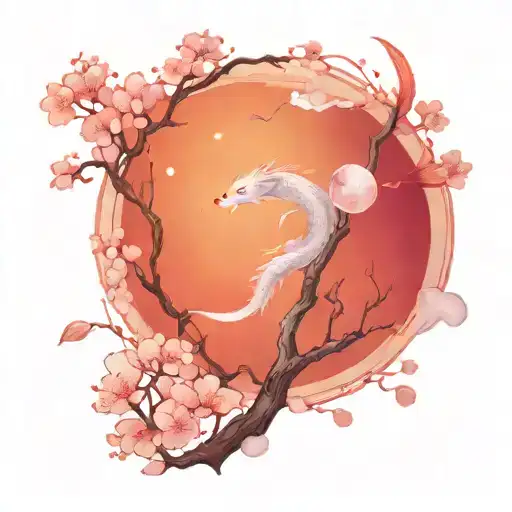 inside the bubble is a ocean cherry blossom tree with dragon and cat storms moon and koi fish tattoo design idea