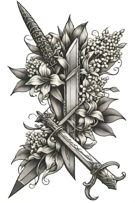 feminine sword with daffodils and lily of the valley wrap and origami cranes tattoo design idea