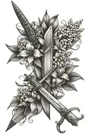 feminine sword with daffodils and lily of the valley wrap and origami cranes tattoo design idea