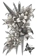 feminine sword with daffodils and lily of the valley wrap and origami cranes tattoo design idea