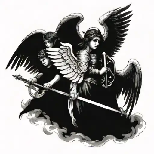 three guardian angels, (the first angel will be holding a sword), (the second angel will be holding a shield), (the thir tattoo design idea