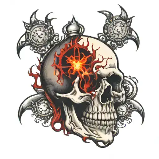 a skull, bloody eyes, a clock, and flames tattoo design idea