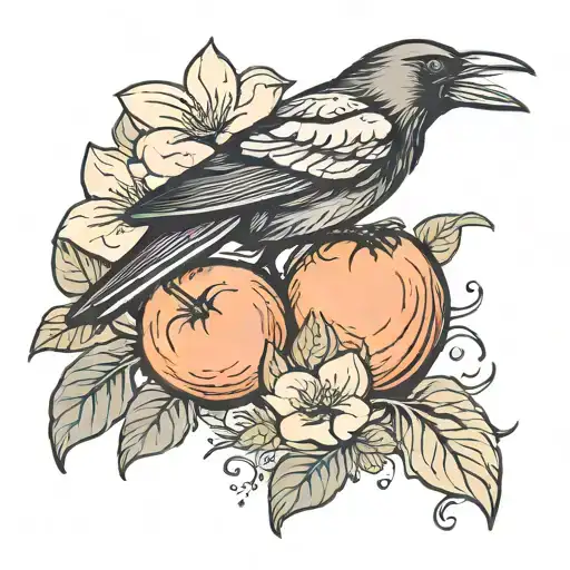 crow and peach fruit tattoo design idea