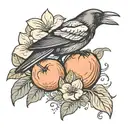 crow and peach fruit tattoo design idea