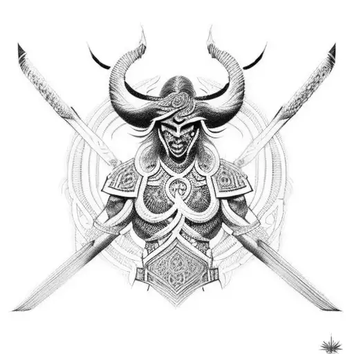 An intricate blackwork tattoo of a warrior fighting off his demons, with symbols of strength and redemption intertwined in the design tattoo design idea