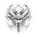 An intricate blackwork tattoo of a warrior fighting off his demons, with symbols of strength and redemption intertwined in the design tattoo design idea