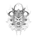 An intricate blackwork tattoo of a warrior fighting off his demons, with symbols of strength and redemption intertwined in the design tattoo design idea