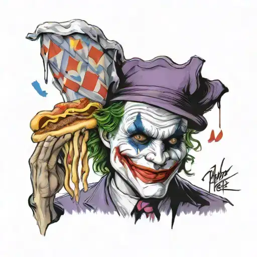 the joker wearing a "i love nyc" shirt with a pizza slice and coney island hot dog, in a mafia hat tattoo design idea