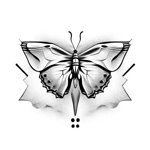 A realistic depiction of a butterfly emerging from a skull tattoo design idea
