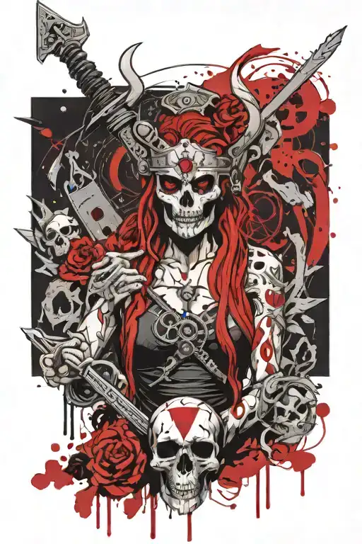 viking goddess of death half human and skull with a bloody spear, wrapped in bone chains and smoking tattoo design idea