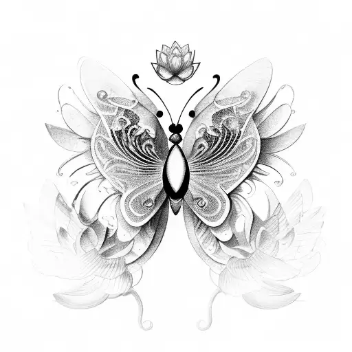 A butterfly with filigree wings and a lotus flower body tattoo design idea