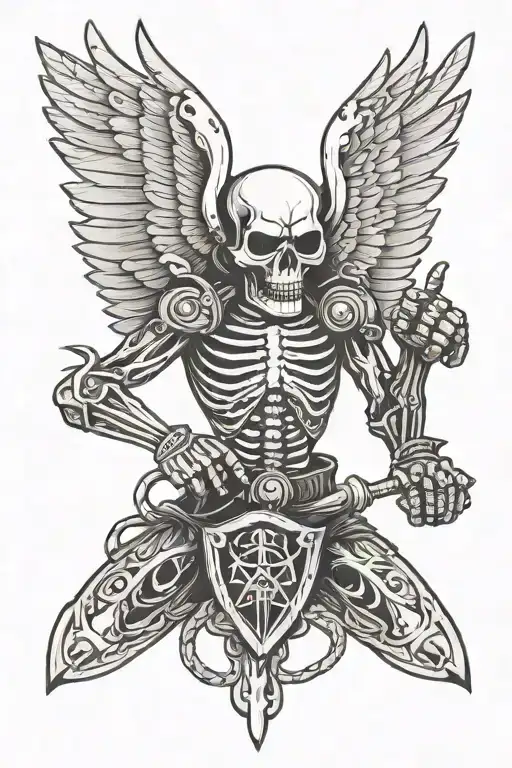skeleton who wields muay thai in brass knuckles diamond wings tattoo design idea