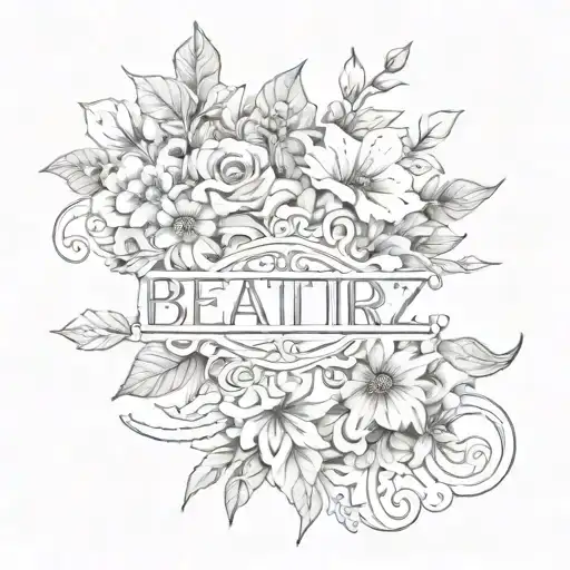 name of Beatriz with the words NYC underneath the name and flowers around it  tattoo design idea