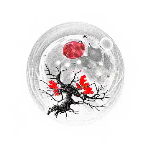 red b;ue black rose wrapped around a tree under a moon  tattoo design idea