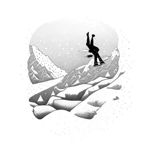 A snowboarder doing a backflip off a rocky cliff tattoo design idea