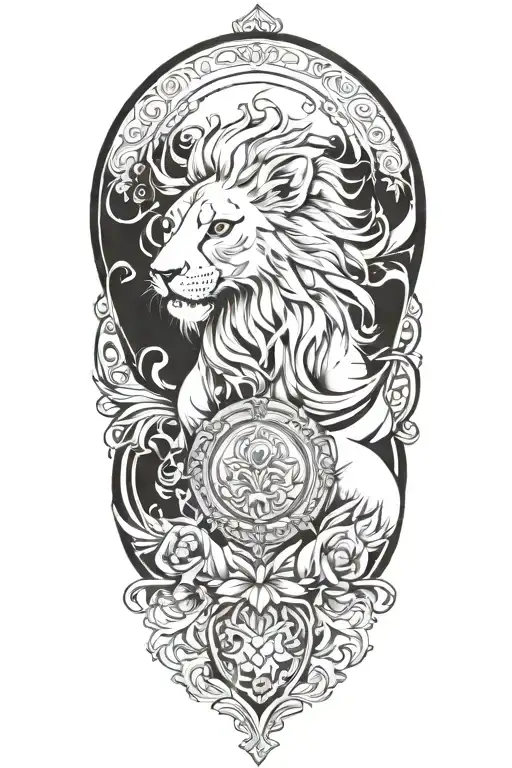 lioness, phoenix and a feminine shield tattoo design idea
